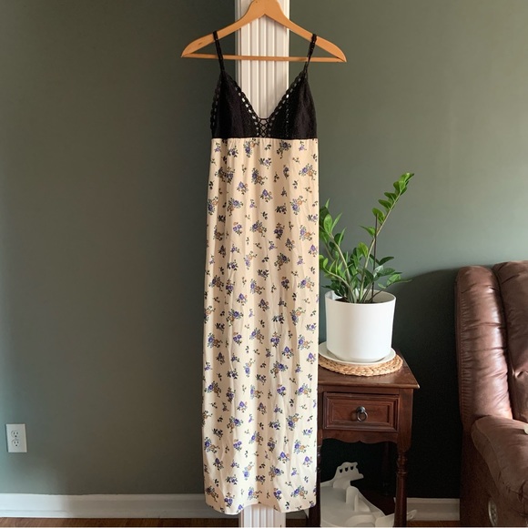 Zara Floral Satin Printed Crochet Cream Maxi Tank Dress Prairiecore - Picture 3 of 11